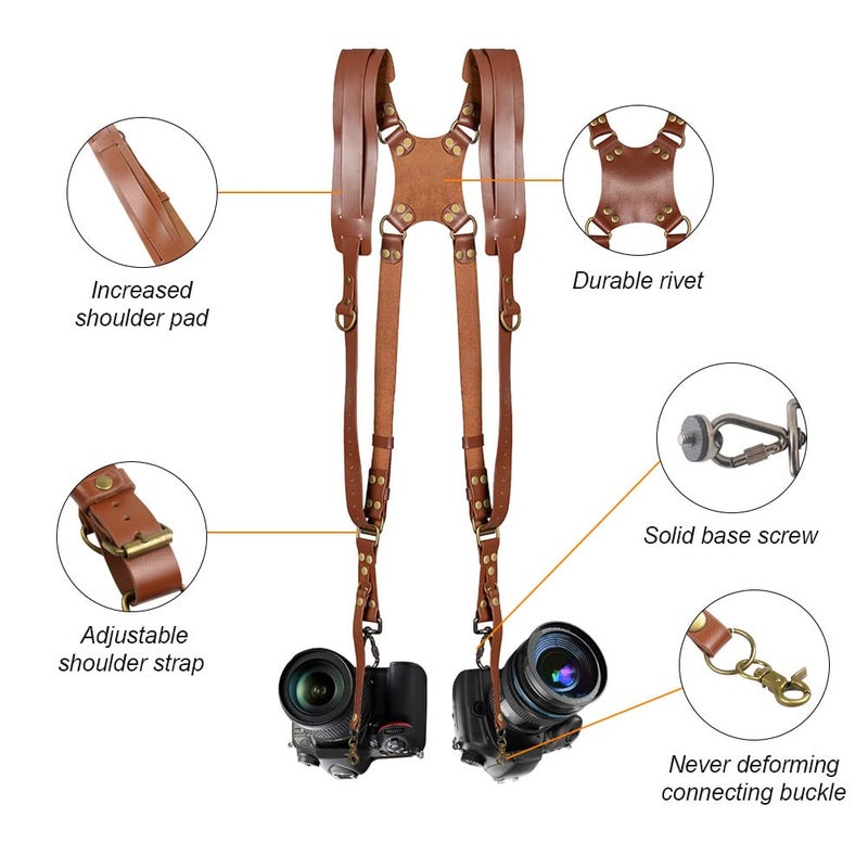 Kasla Camera Strap Camera Straps for Photographers Leather Dual Camera Strap for Two DSLR/SLR Cameras (Brown) - Image 2